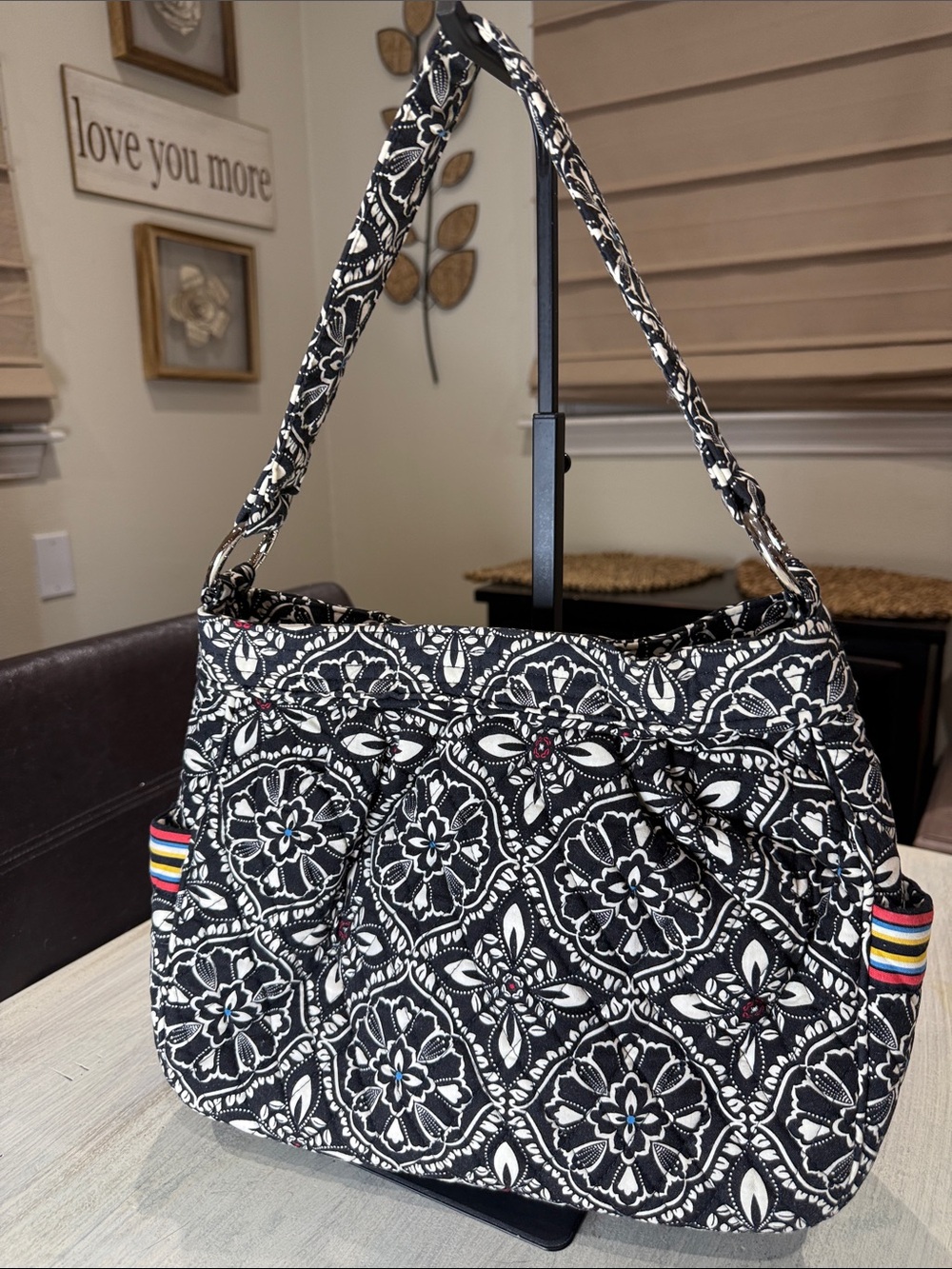 2010 Retired Vera Bradley Barcelona Black & White Floral Quilted Shoulder Bag